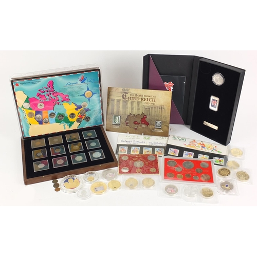 1372 - Commemorative coinage and stamps including London 2012 ingot and coins from the Third Reich with cas... 