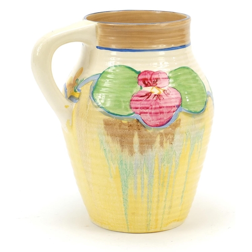 187 - Clarice Cliff, Art Deco Bizarre jug hand painted in the Pansy pattern, 19.5cm high