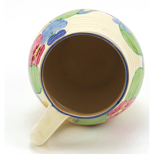 187 - Clarice Cliff, Art Deco Bizarre jug hand painted in the Pansy pattern, 19.5cm high