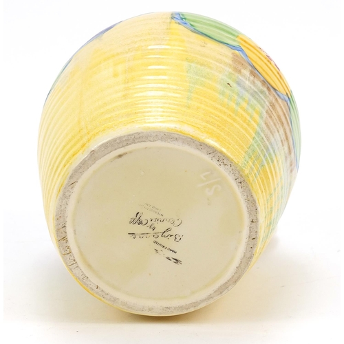 187 - Clarice Cliff, Art Deco Bizarre jug hand painted in the Pansy pattern, 19.5cm high