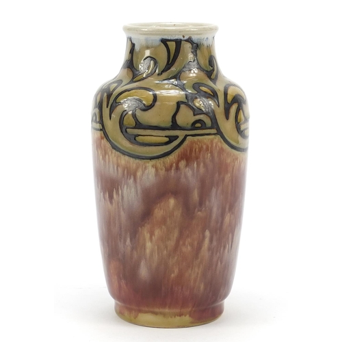 60 - Mark Marshall for Royal Doulton, stoneware vase having a mottled red glaze, hand painted with stylis... 