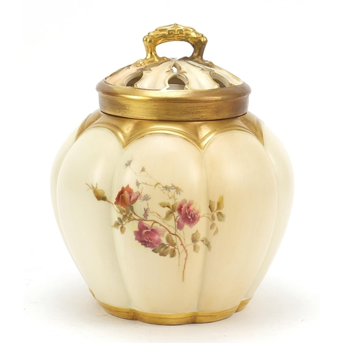 54 - Royal Worcester, Victorian potpourri vase with pierced cover, decorated and gilded with a butterfly ... 