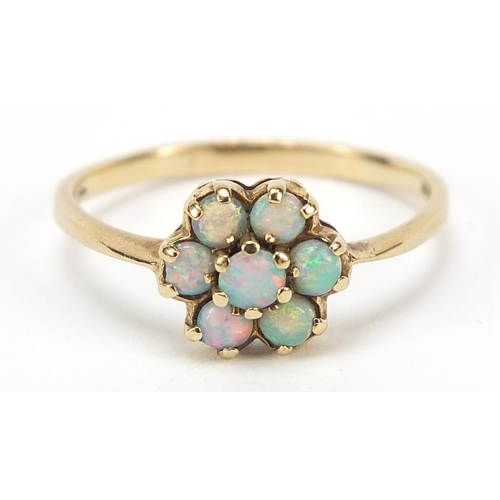 81 - 9ct gold opal flower head ring, size S, 2.2g