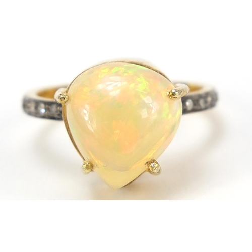 2215 - Indian silver gilt opal and diamond ring, size M, 3.3g