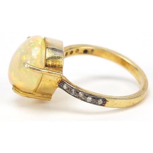 2215 - Indian silver gilt opal and diamond ring, size M, 3.3g