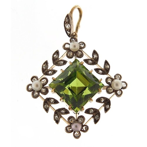 77 - Unmarked gold peridot, diamond and seed pearl pendant, 3cm high, 4.0g