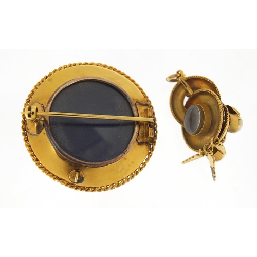 236 - Unmarked 18ct gold turquoise, diamond and pearl mourning brooch and antique unmarked gold ruby and d... 