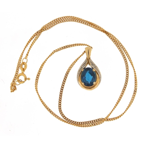 206 - 9ct gold blue topaz and diamond tear drop pendant on a 9ct gold necklace, 2cm high and 40cm in lengt... 