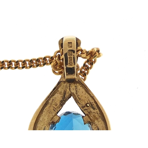 206 - 9ct gold blue topaz and diamond tear drop pendant on a 9ct gold necklace, 2cm high and 40cm in lengt... 
