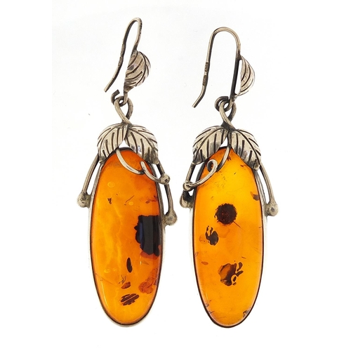 2211 - Pair of naturalistic silver and amber drop earrings, 7cm high, 16.5g