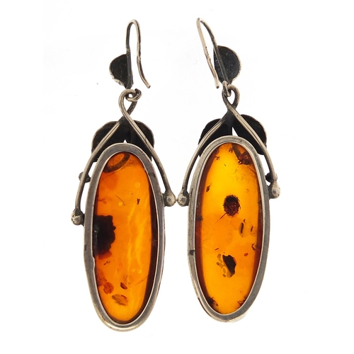 2211 - Pair of naturalistic silver and amber drop earrings, 7cm high, 16.5g