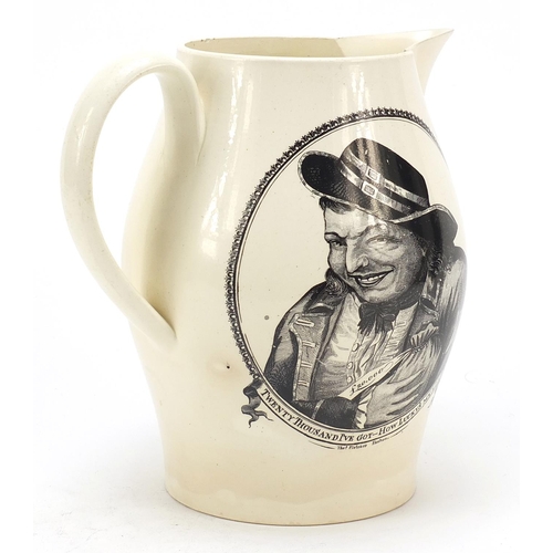 140 - 18th century creamware jug transfer printed with the death of the fox, signed Thomas Fletcher of She... 