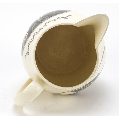 140 - 18th century creamware jug transfer printed with the death of the fox, signed Thomas Fletcher of She... 