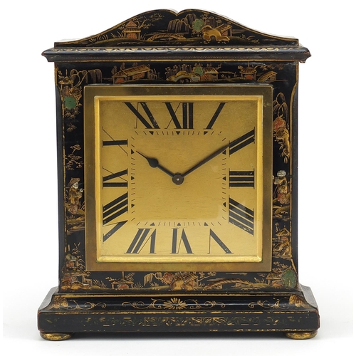 71 - Black lacquered mantle clock with square dial having Roman numerals, the case gilded in the chinoise... 