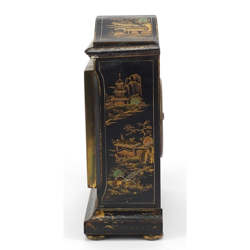 71 - Black lacquered mantle clock with square dial having Roman numerals, the case gilded in the chinoise... 