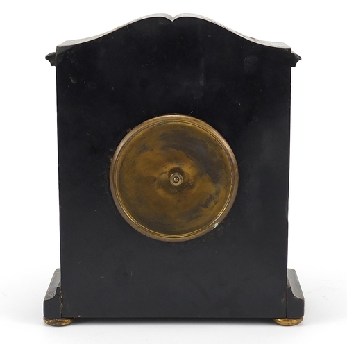 71 - Black lacquered mantle clock with square dial having Roman numerals, the case gilded in the chinoise... 