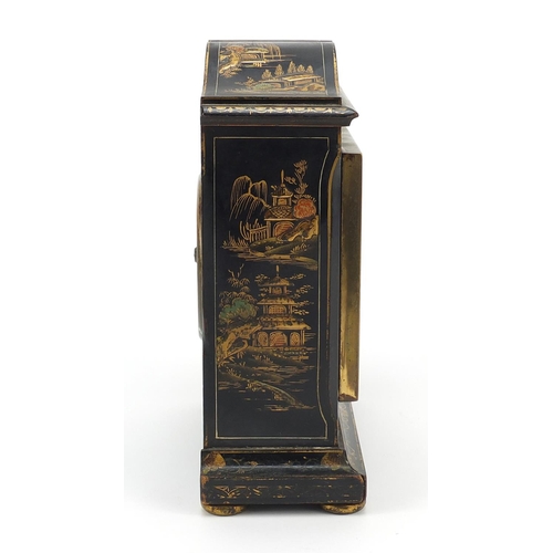 71 - Black lacquered mantle clock with square dial having Roman numerals, the case gilded in the chinoise... 