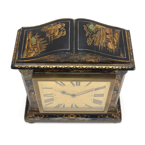 71 - Black lacquered mantle clock with square dial having Roman numerals, the case gilded in the chinoise... 