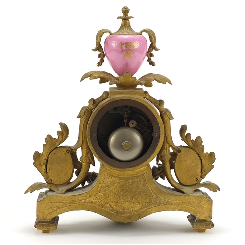 3 - 19th century French Ormolu mantle clock striking on a bell, with Sèvres type porcelain panels hand p... 