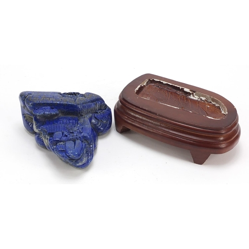 2179 - Chinese lapis lazuli landscape carving raised on a wood base, 16cm high