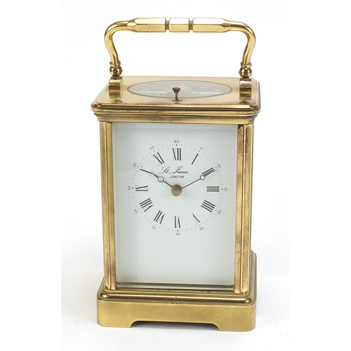 72 - S T James of London, large brass cased repeating carriage clock with enamel dial having Roman and Ar... 