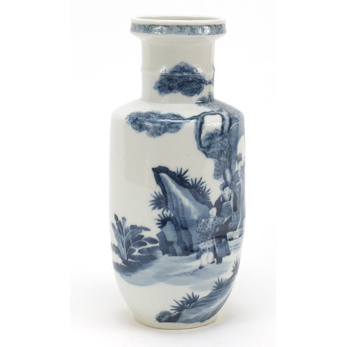 2172 - Chinese blue and white porcelain vase hand painted with figures and a horse in a landscape, four fig... 