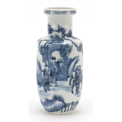 2172 - Chinese blue and white porcelain vase hand painted with figures and a horse in a landscape, four fig... 