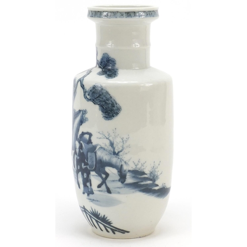 2172 - Chinese blue and white porcelain vase hand painted with figures and a horse in a landscape, four fig... 