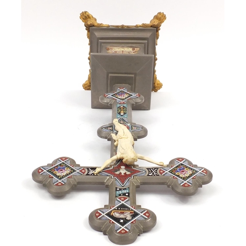 129 - Good 19th century Italian Grand Tour crucifix with ivory Corpus Christi and micro mosaic inlay on gi... 