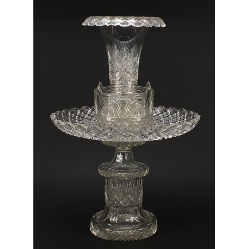 149A - Good large 19th century cut glass table centrepiece, possibly Irish, of four sections with trumpet v... 