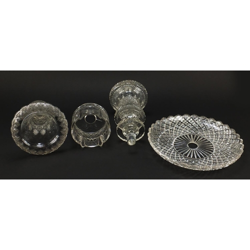 149A - Good large 19th century cut glass table centrepiece, possibly Irish, of four sections with trumpet v... 