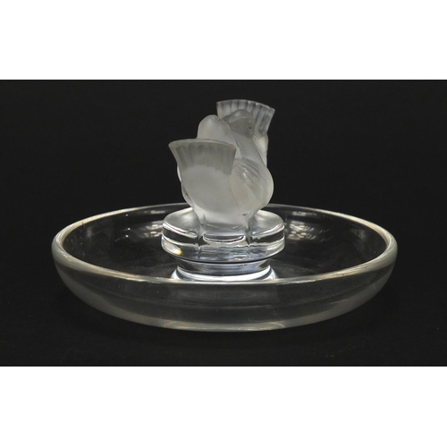 180 - Lalique frosted and clear glass kissing dove pin tray, etched Lalique France, 9.5cm in diameter