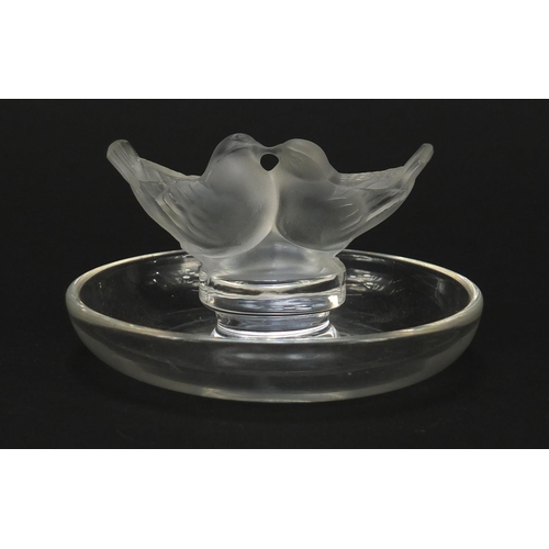 180 - Lalique frosted and clear glass kissing dove pin tray, etched Lalique France, 9.5cm in diameter