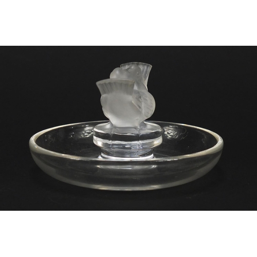 180 - Lalique frosted and clear glass kissing dove pin tray, etched Lalique France, 9.5cm in diameter