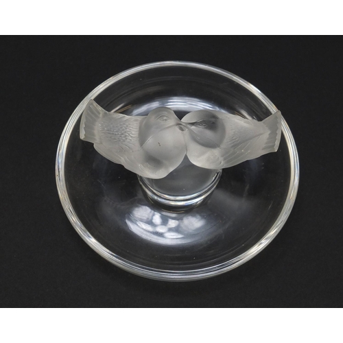 180 - Lalique frosted and clear glass kissing dove pin tray, etched Lalique France, 9.5cm in diameter