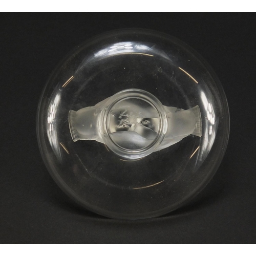 180 - Lalique frosted and clear glass kissing dove pin tray, etched Lalique France, 9.5cm in diameter