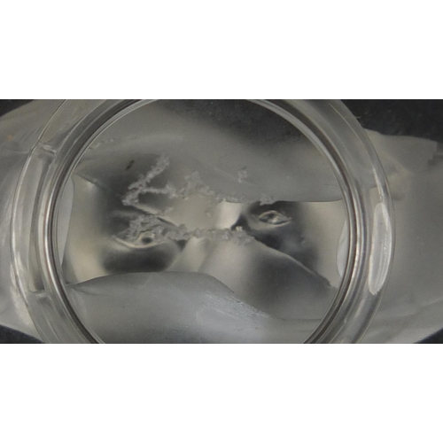 180 - Lalique frosted and clear glass kissing dove pin tray, etched Lalique France, 9.5cm in diameter