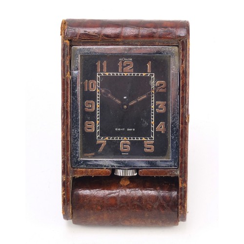 75 - Jaeger LeCoultre eight day travel clock with faux crocodile skin leather case, 10.5cm high