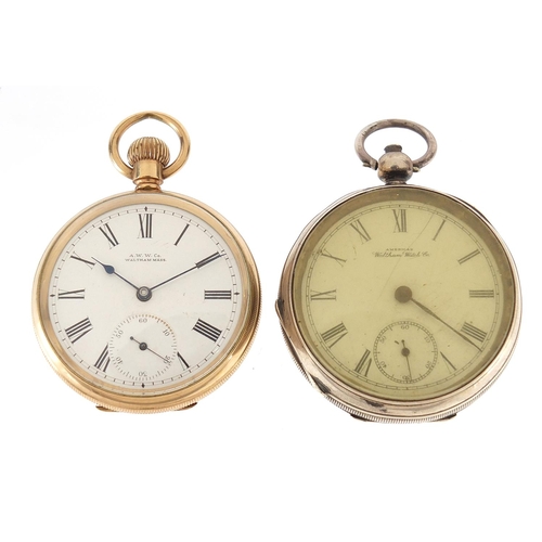 80 - Two Waltham open face pocket watches including one silver, hallmarked Birmingham 1897, 53mm and 50mm... 