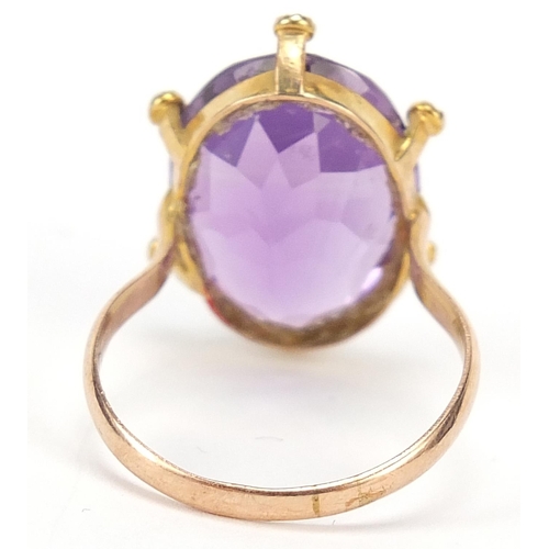41 - Large unmarked gold amethyst and seed pearl ring, size O, 5.2g
