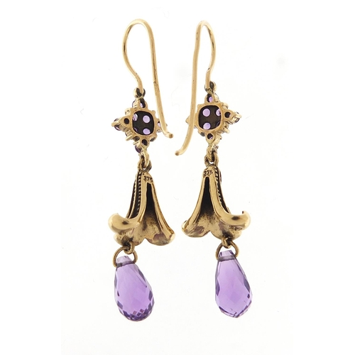 198 - Pair of 9ct gold amethyst drop earrings, 5cm high, 6.0g