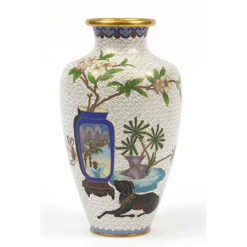 234 - Two Chinese cloisonné vases including one enamelled with a dog before a vase and scroll, the largest... 