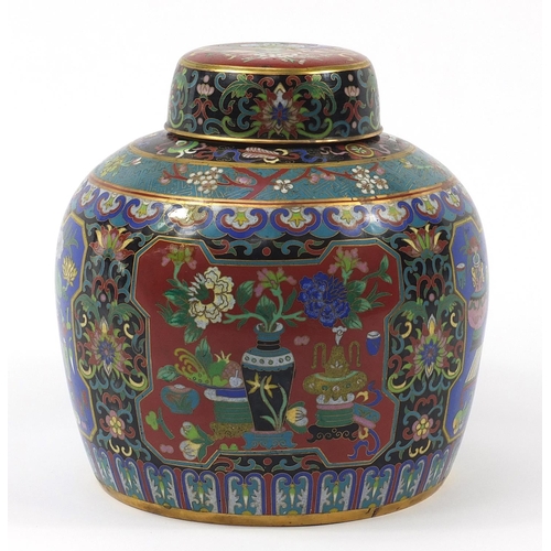 31 - Large Chinese cloisonné ginger jar and cover finely enamelled with panels of lucky objects and flowe... 