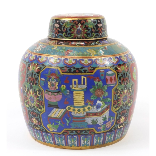 31 - Large Chinese cloisonné ginger jar and cover finely enamelled with panels of lucky objects and flowe... 