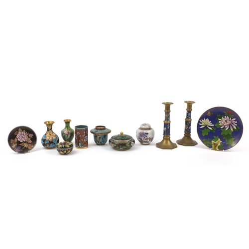 2181 - Chinese cloisonné enamelled with flowers including a pair of candlesticks, ginger jar with cover, va... 