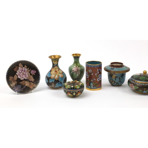 2181 - Chinese cloisonné enamelled with flowers including a pair of candlesticks, ginger jar with cover, va... 