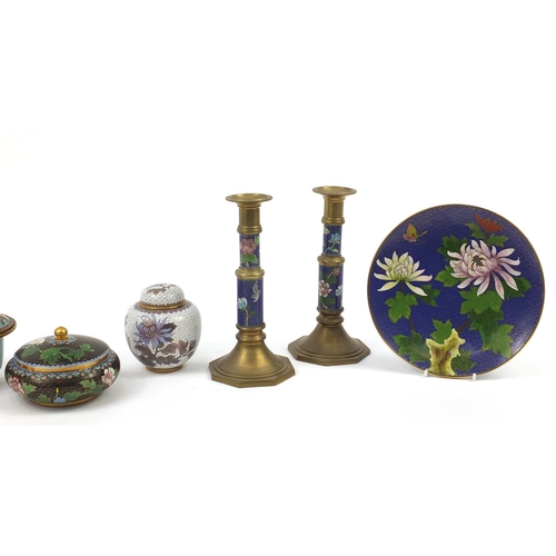 2181 - Chinese cloisonné enamelled with flowers including a pair of candlesticks, ginger jar with cover, va... 