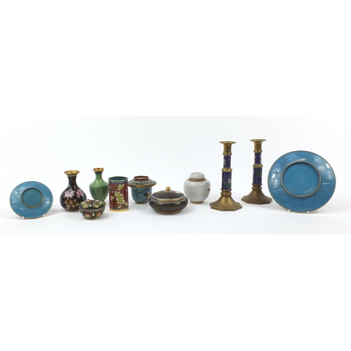 2181 - Chinese cloisonné enamelled with flowers including a pair of candlesticks, ginger jar with cover, va... 