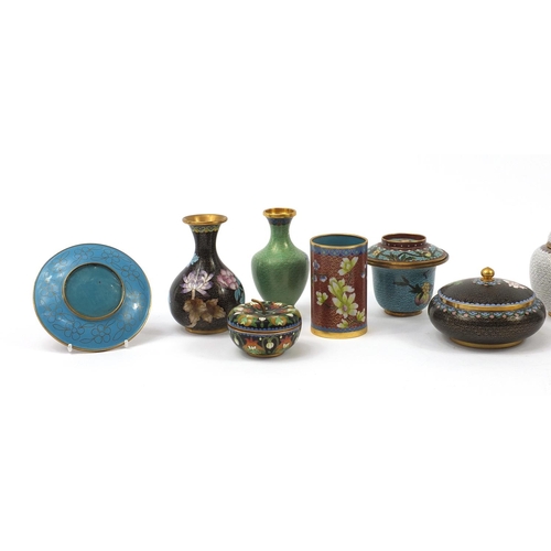 2181 - Chinese cloisonné enamelled with flowers including a pair of candlesticks, ginger jar with cover, va... 