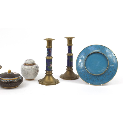 2181 - Chinese cloisonné enamelled with flowers including a pair of candlesticks, ginger jar with cover, va... 